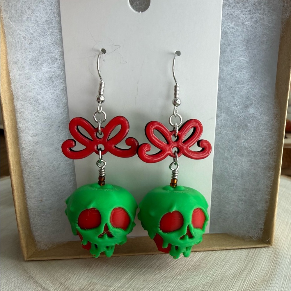 Green and Red Poison Apple with Bows Earrings